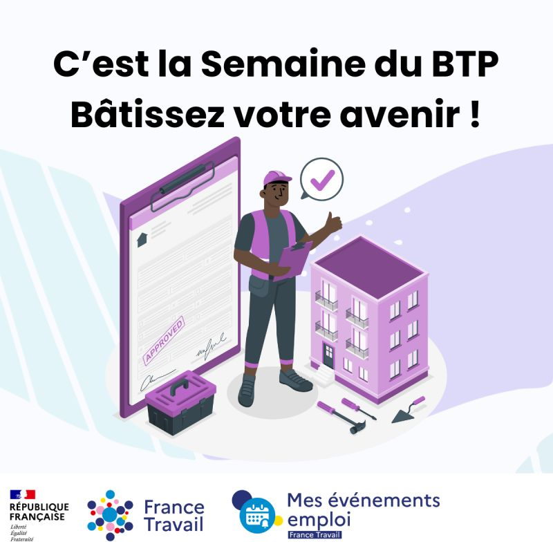 [#TousMobilisés] pour l'emploi dans le #BTP 

Retrouvez tous les événements proposés sur tout le territoire <a href="/FTravail_ARA/">France Travail Auvergne-Rhône-Alpes</a>  en 1 🖱️
mesevenementsemploi.francetravail.fr/mes-evenements…

Découverte #métiers, visite de chantiers
#Emploi #formation #reconversion
