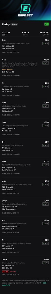 Garfinkus's tweet photo. Finally hit a lotto on @ESPNBET thanks to @CodyBrownBets. Had to alter the slip a bit but glad I did! https://t.co/dwnPqsiXD1