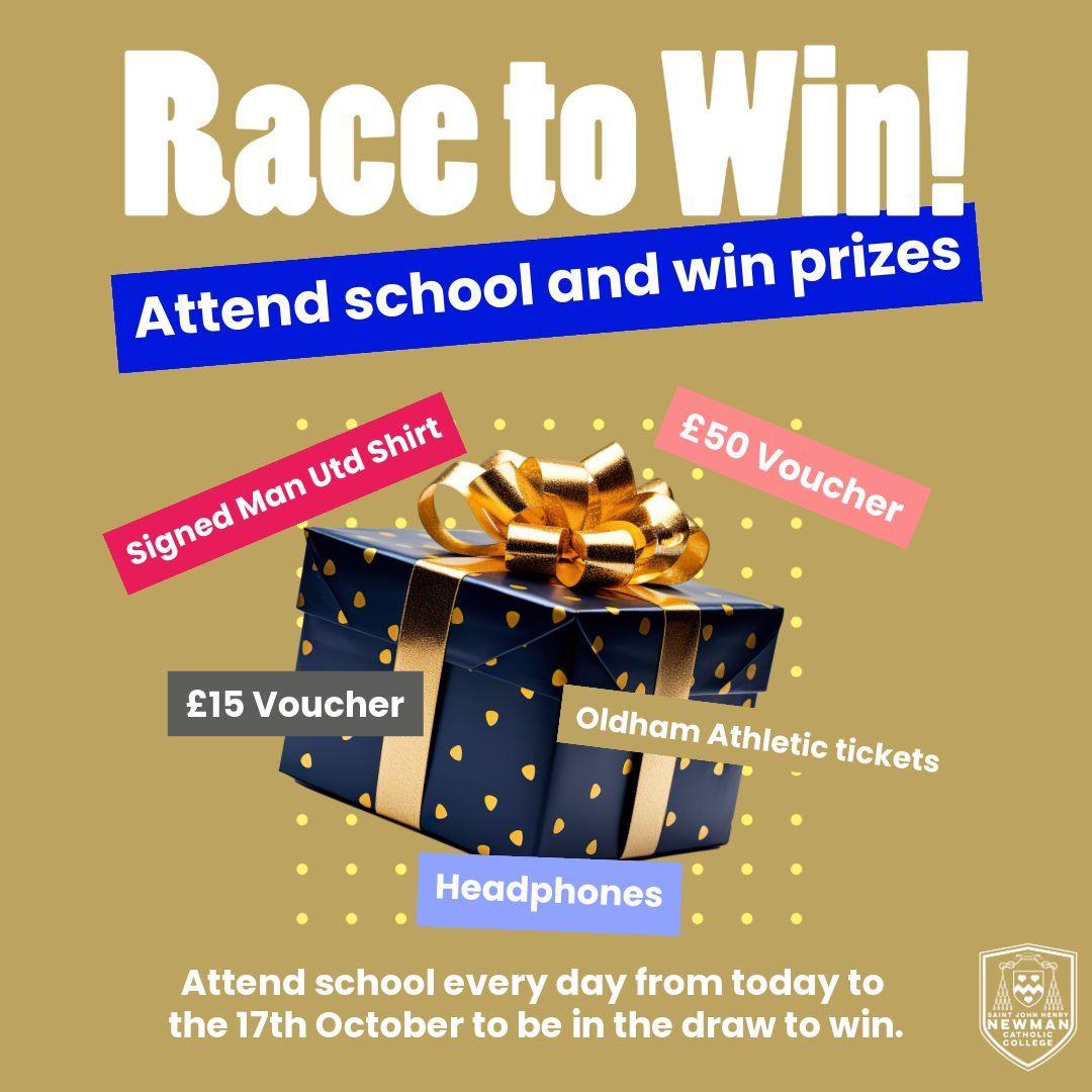 NewmanRCCollege's tweet image. 🎉 Newman College's 'Race to Win' is here!
🏃♂️ 100% attendance = entry into a prize draw!
🎁 Vouchers, headphones, match tickets &amp;amp; a signed Man Utd shirt up for grabs!
📅 6–17 Oct — be in school every day to win!
#AttendanceMatters #RaceToWin