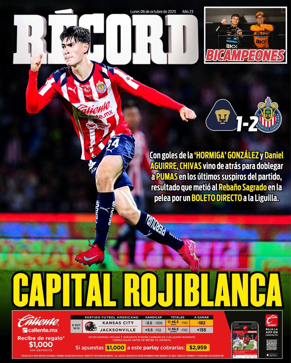 #HoyEnTuRÉCORD🗞️

6 Octubre 2025

Capital rojiblanca🔴⚪️

🐐Con goles de la 'Hormiga' González y Daniel Aguirre, Chivas vino de atrás para doblegar a Pumas en los últimos suspiros del partido, resultado que metió al Rebaño Sagrado en la pelea por un boleto directo a la Liguilla⚽️