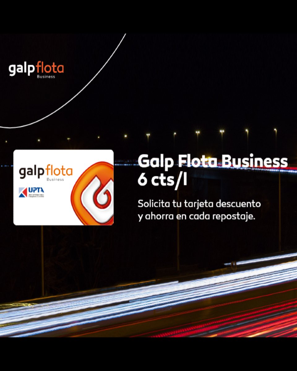 ¡Aprovecha esta oferta! ⛽

Si eres autónomo puedes obtener un descuento de 6 céntimos/litro al presentar tu tarjeta GALP FLOTA BUSINESS de UPTA en las estaciones GALP adheridas. 
Puedes consultar la información y solicitarla a través de nuestra web. 

🔗f.mtr.cool/pobstbxtpx