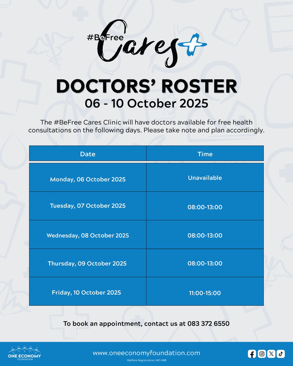 Kindly take note of the doctors’ schedule for this week 🩺

The #BeFree Cares Clinic is here to support you with free reproductive health services, ensuring you have access to the care you need. ❤️‍🩹

📲To book your appointment, contact us at +264 83 372 6550