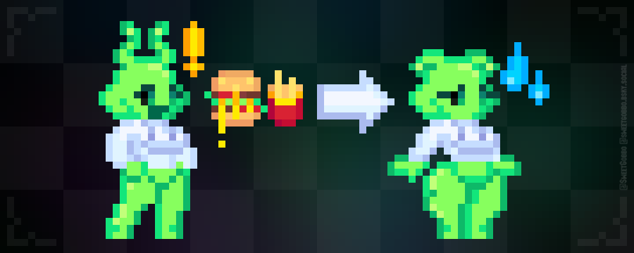 SweetGobbo's tweet photo. 👽🍔Tip: As a Glorpian, refrain from eating suspiciously appetizing-looking Earthling food to avoid becoming even more... glorpy. Be aware of metabolic differences between sentient species!
Fanart of @Koguiga's OC
#fanart #pixelart #pixelartist #ドット絵 #glorp https://t.co/f1OG9e3PQA