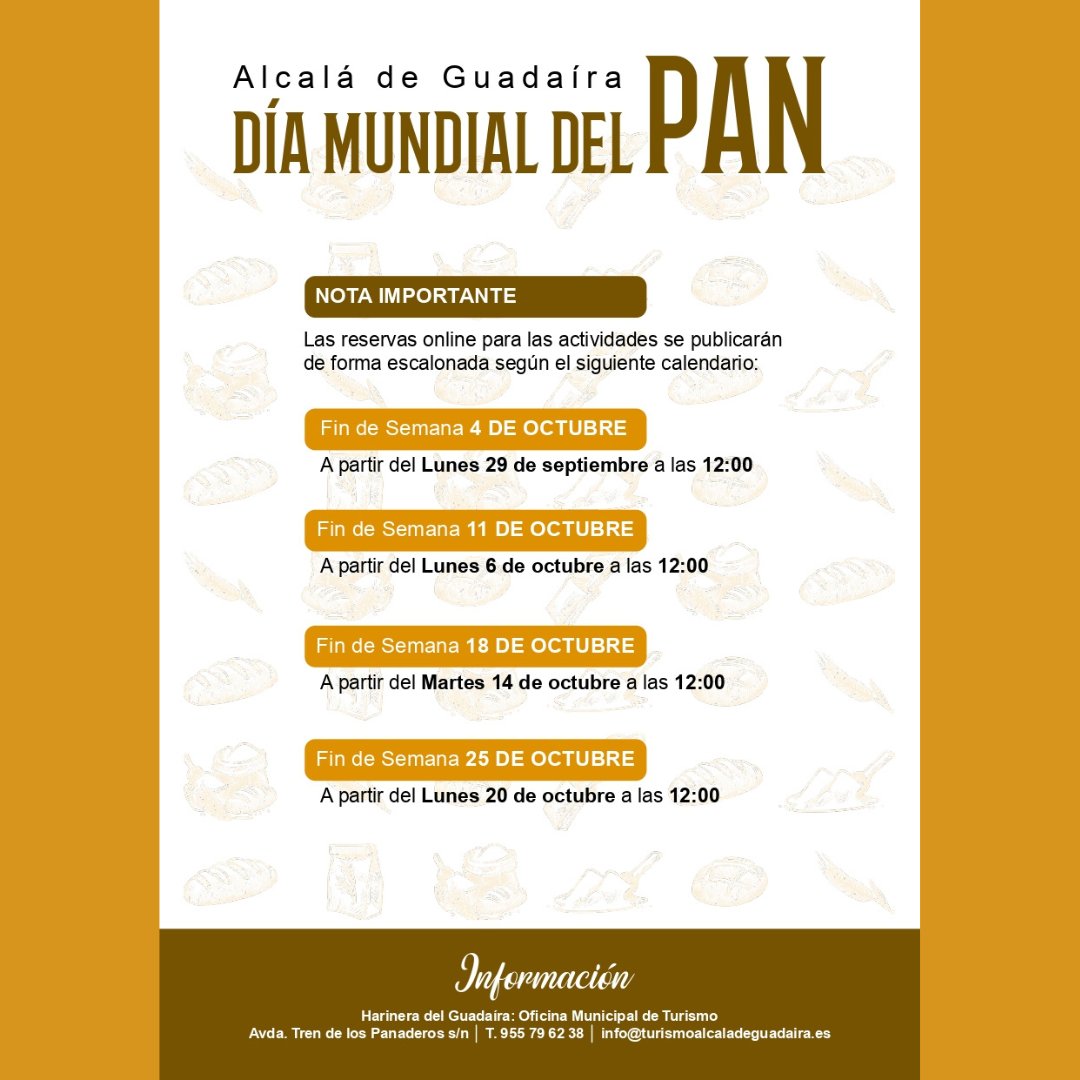 Jornadas del Pan:

Hoy a las 12:00h estarán disponibles las entradas para acompañarnos a este evento tan característico

ℹ️🎫 Reservas a través de engranajesculturales.com 

ℹ️🎟 Reservas para gymkhanas molineras y rutas en kayak en riverizate.es