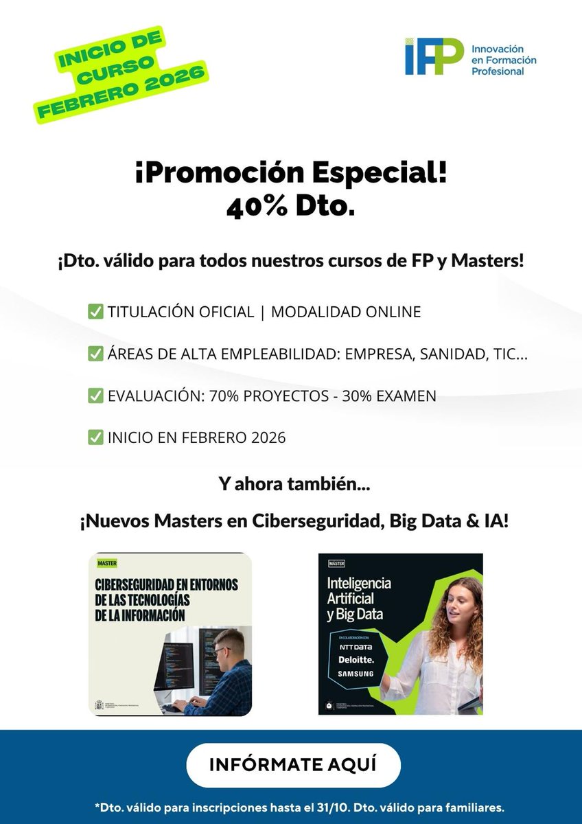 ¿Estás pensando en ampliar tu formación o prepararte para nuevas oportunidades dentro o fuera del cuerpo?

FP Oficial y Masters TIC -  40% Dto.

¡Inscripciones abiertas!

Compatible con turnos y cambios de destino.

👉 Para más información, haz clic aquí: bit.ly/4jr1peS