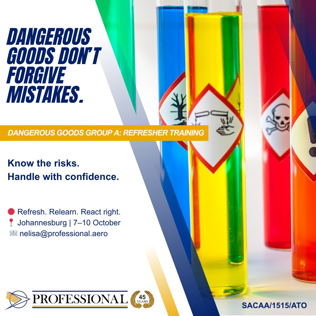 ZA_Professional's tweet photo. Dangerous Goods Group A:  Refresher Training 
7–10 October
Ensure compliance. Strengthen your knowledge. https://t.co/HUpRj1qQ5I