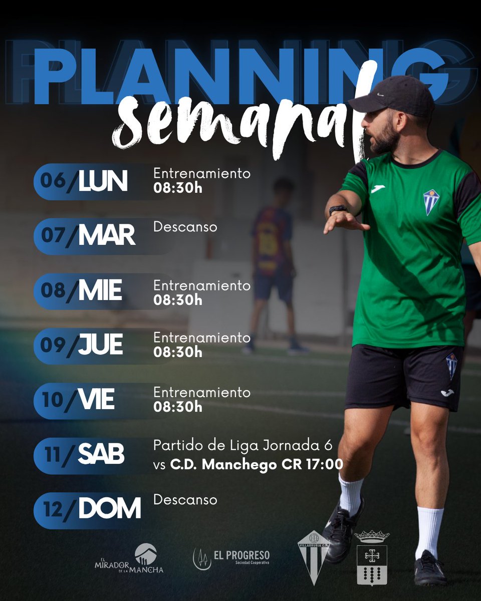 💙 Semana de trabajo con la vista en la #J6
⚽  <a href="/CDManchegoCReal/">Club Deportivo Manchego</a>  🆚 Viña Xétar Villarrubia CF
📍 Polideportivo Juan Carlos I – Campo 3
🕔 Sábado 11 · 17:00h

👉 ¡Hazte socio y sigue latiendo con nosotros, dentro y fuera de casa!
#SeguimosLatiendo #TerceraRFEF