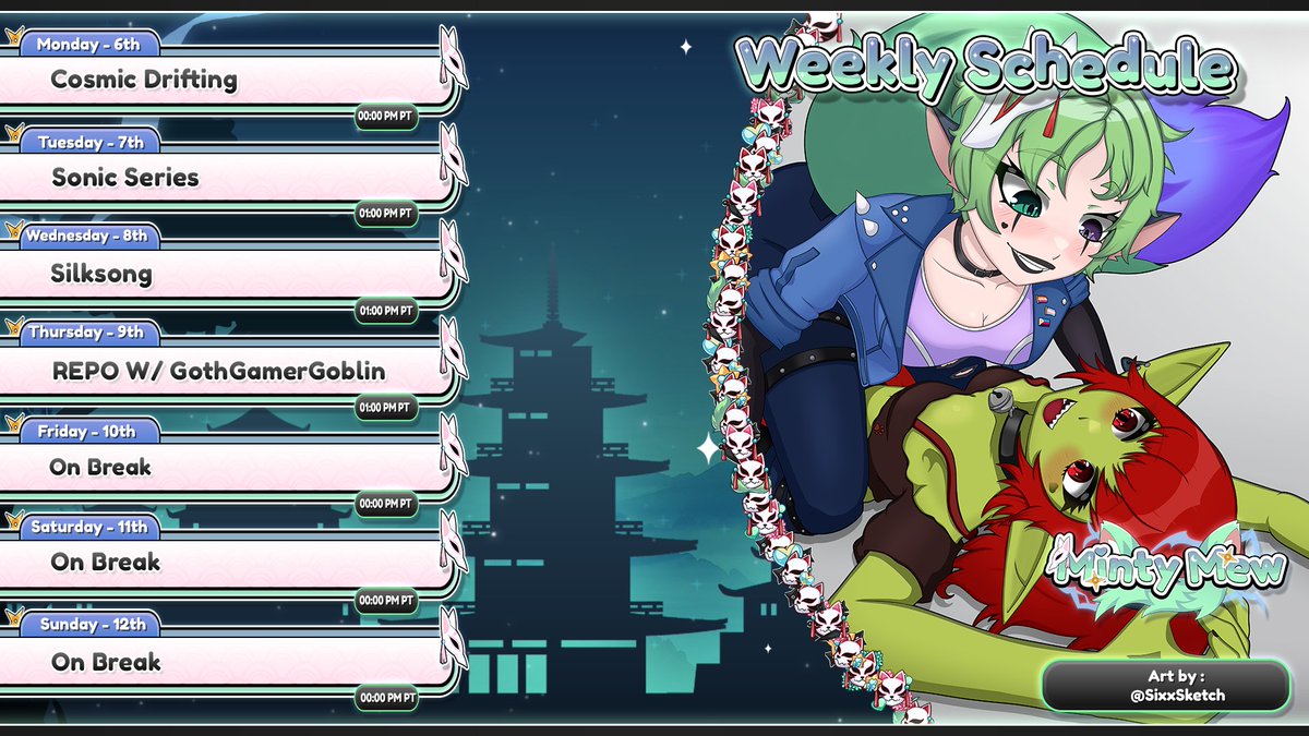 MintyMew VTuber & Artist π₯·πβ¨ (@mintymewvt) on Twitter photo Its schedule time!!! Shorter week this week we have some Sonic '06, Possibly the finale of Silksong & REPO with <a href="/GothGamerGoblin/">Franny Tapheart π€ Goth Gaming Goblin vTuber! πΎ</a> as the last stream before I go on a break!
Come and join the fun with me before I vanish for like 2 weeks.
Love ya all~
Minty~ Its schedule time!!! Shorter week this week we have some Sonic '06, Possibly the finale of Silksong & REPO with <a href="/GothGamerGoblin/">Franny Tapheart π€ Goth Gaming Goblin vTuber! πΎ</a> as the last stream before I go on a break!
Come and join the fun with me before I vanish for like 2 weeks.
Love ya all~
Minty~