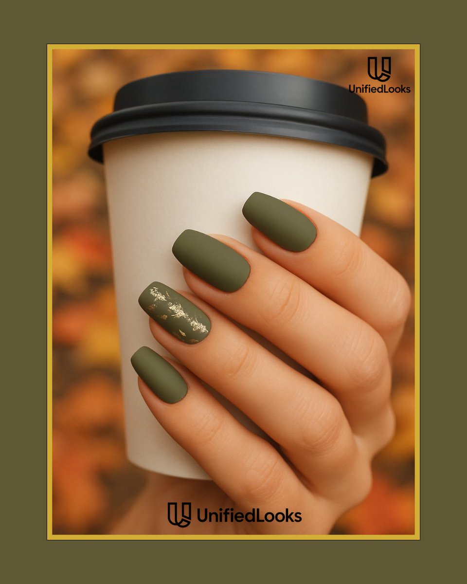 UnifiedLooks's tweet photo. #Chic, #minimal &amp; #Autumn -approved 🍃#Olive  #green is the season’s secret.

#Coffee + #nails = #fall #essentials ☕💅

✨ Follow @UnifiedLooks for more seasonal glam ✨

#MatteNails #OliveNails #FallManicure #AutumnStyle #UnifiedLooks https://t.co/AuYh6fTdmk