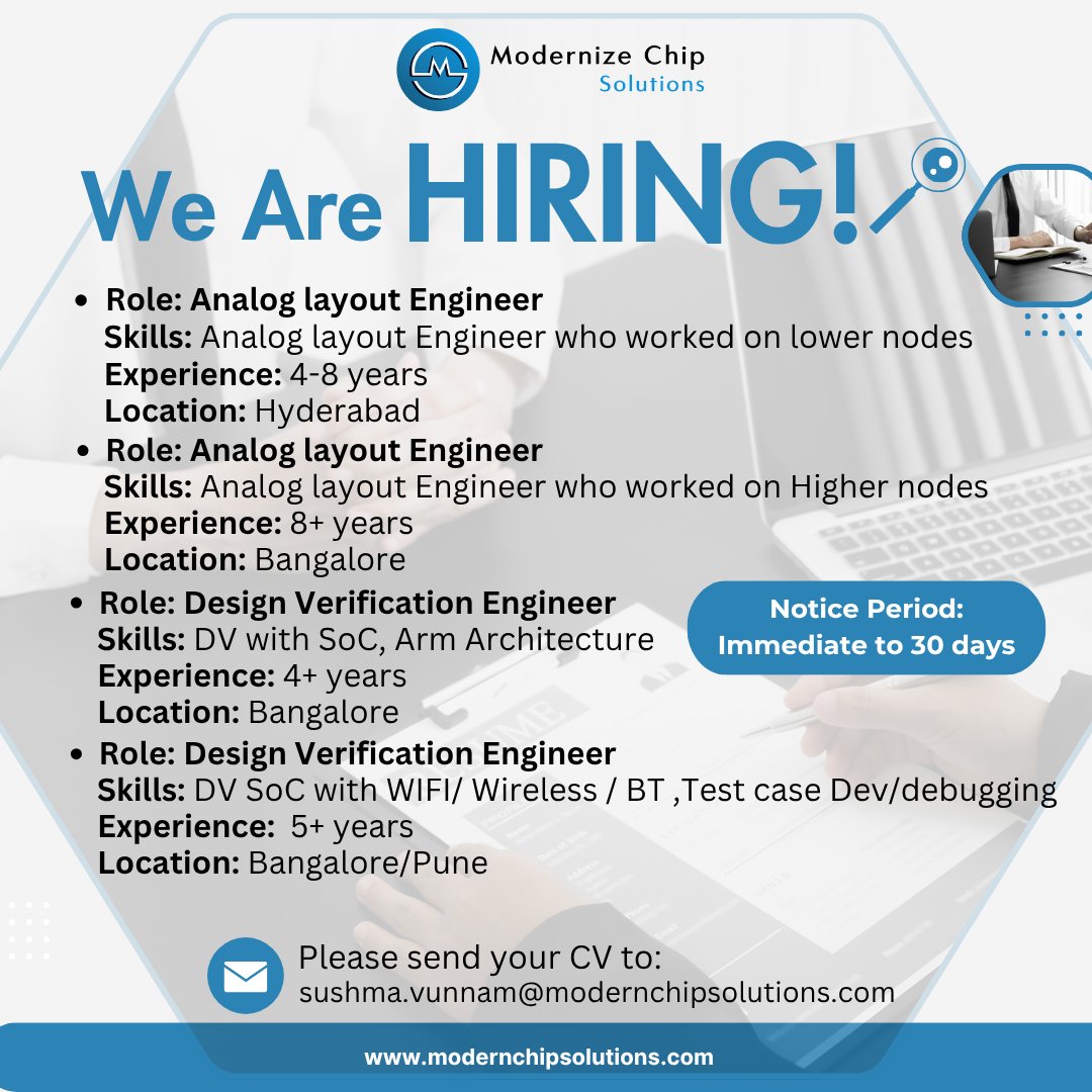 ModernizeChip's tweet image. We’re Hiring!

@ModernizeChip is looking for talented professionals to join our growing team!
Notice Period: Immediate to 30 days
Send your CV to: sushma.vunnam@modernchipsolutions.com
#WeAreHiring #AnalogLayout #DesignVerification #SemiconductorJobs #ChipDesign #VLSI #HiringNow