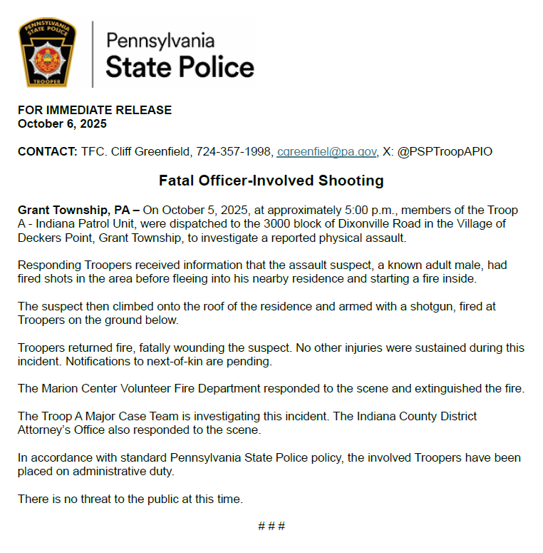 INDIANA COUNTY: Fatal Officer-Involved Shooting