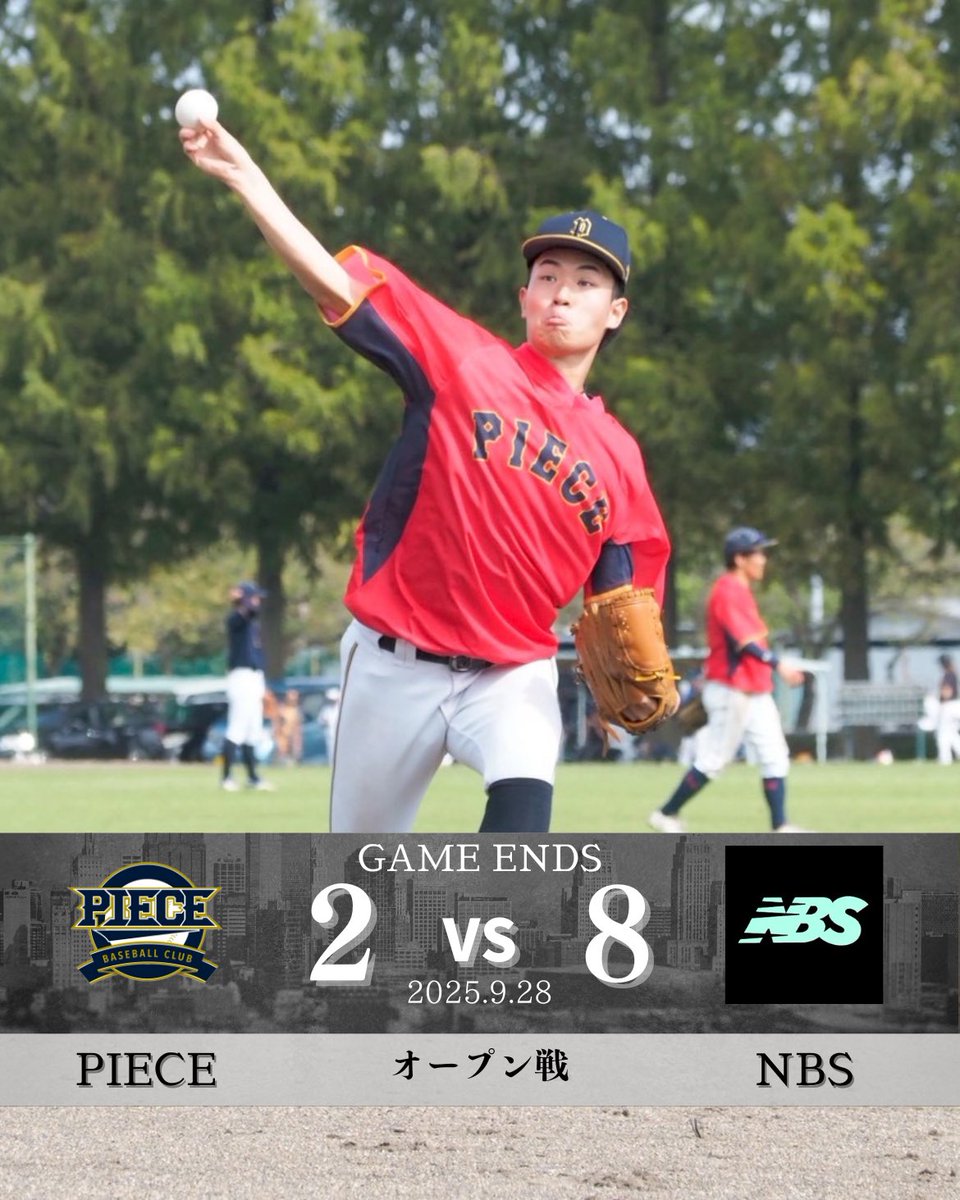 piece_baseball's tweet photo. 2025.10.5（sun）
オープン戦
🆚 NBS様

【 PIECE  2 - 8  NBS 】
 Ｎ｜２００｜２０２｜２｜８
 Ｐ｜０００｜００１｜１｜２

二塁打 : #0丸田 
三塁打 : #17松山 
本塁打 : 

C早坂 ー P白石→渡辺→松山 https://t.co/K2Yo0a3CzO