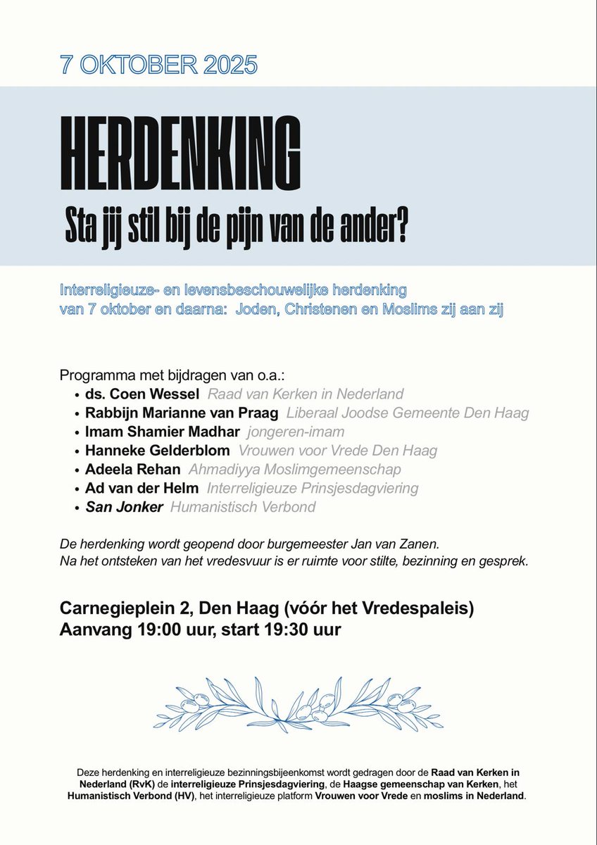 Welkom bij onze herdenking morgenavond bij het Vredespaleis.  We willen elkaars pijn zien en mee dragen. Verzamelen om 19.00 uur, aanvang 19.30 uur.