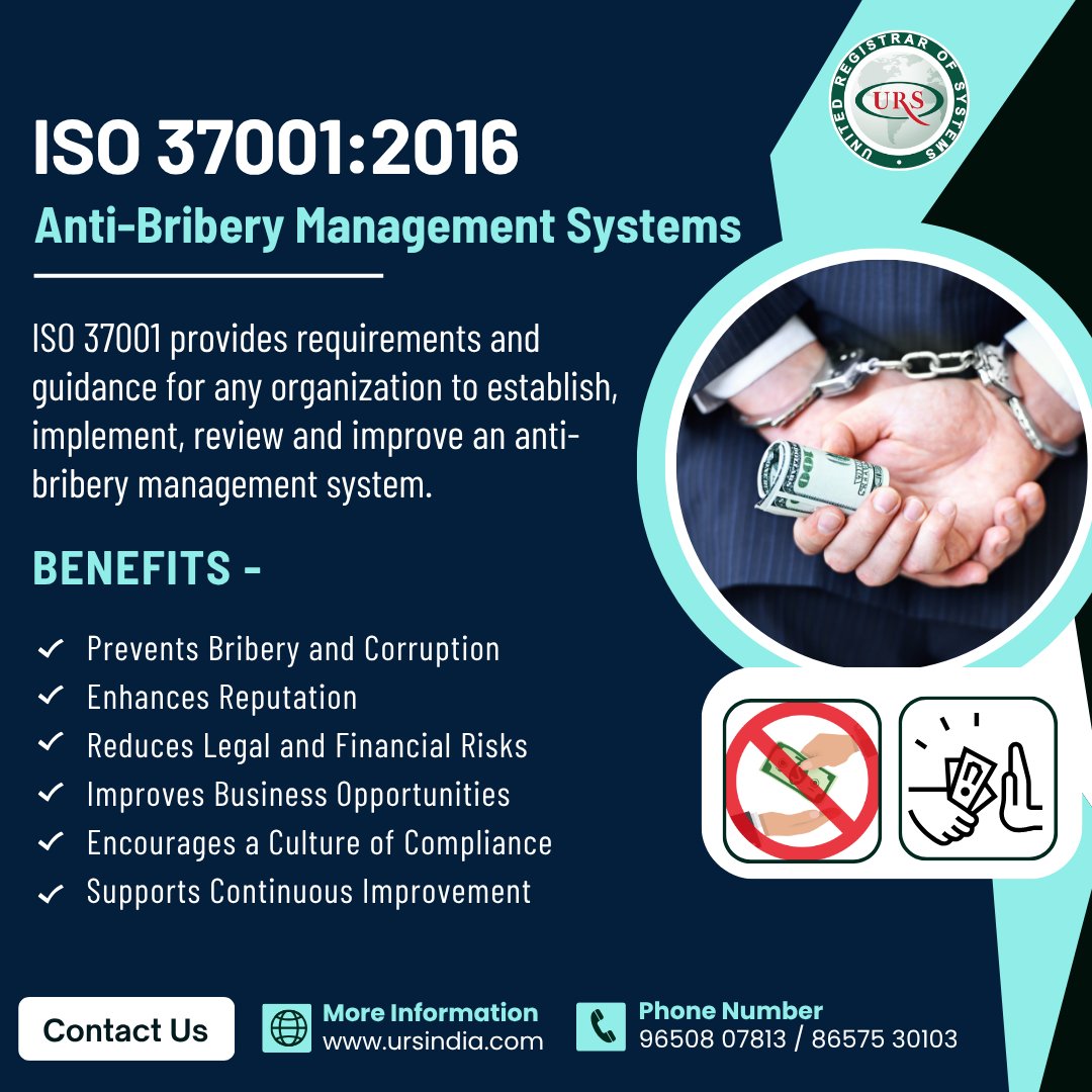 ISO 37001 provides requirements and guidance for any organization to establish, implement, review and improve an anti-bribery management system.

#iso37001 #antibribery #managementsystems #anticorruption #isocertification #ursindia
