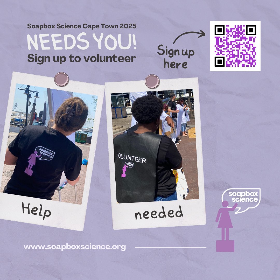 SoapboxSciCT's tweet image. 🚨Final call for volunteers🚨

Volunteer at #SoapboxScience Cape Town 2025 🎤 15 Nov @ V&amp;amp;A Waterfront

From setup to speaker support, you’ll help make it happen! 💫

Sign up here 👉 forms.gle/qm9K5teshowdJf… 

#VolunteersNeeded #CapeTown #ScienceForAll