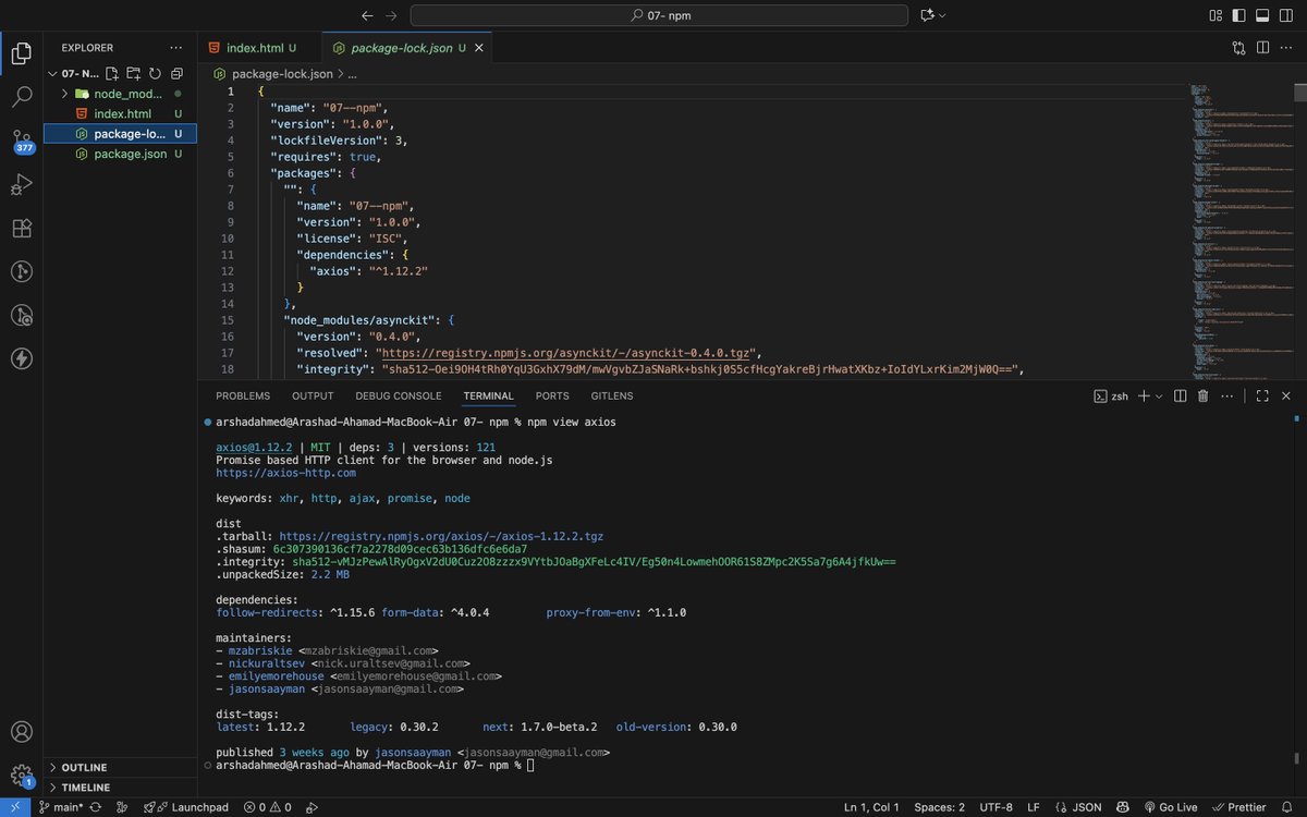 ArashadAhamad10's tweet image. Day 144 of #200DaysOfCode
Learning #npm
Learned about:
✅ Node REPL
✅ npm basics & commands
✅ Dependencies vs DevDependencies
✅ package.json, package-lock.json & node_modules
#JavaScript #NodeJS #WebDevelopment #CodingJourney