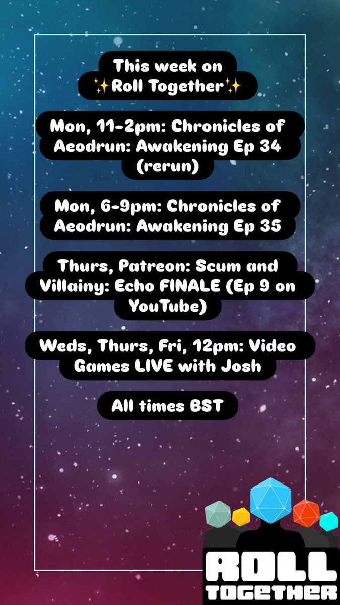 Here is whats happening on Roll Together this week over on twitch.tv/rolltogetherrpg and patreon.com/c/Rolltogether…

<a href="/phoenixdice/">Phoenix Dice</a> <a href="/idlechampions/">Idle Champions</a> <a href="/HOMIEandTheDUDE/">HOMIEandTheDUDE</a> 
#rolltogether #ttrpgcommunity #DnD #homebrew