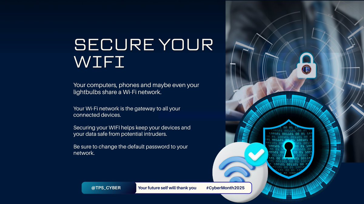 Don't forget to also secure your Wi-Fi!

Many cyber criminals are familiar with the default login information on Wi-Fi routers. Be sure to change your network name and password to prevent someone from stumbling onto your network.

#CyberMonth2025 #GetCyberSafe