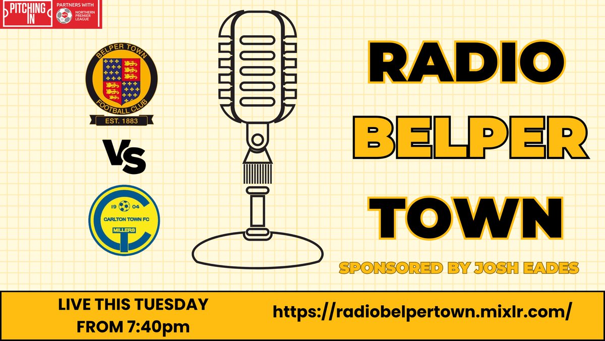 Tomorrow live commentary is back!
<a href="/BelperTownFC/">𝗕𝗲𝗹𝗽𝗲𝗿 𝗧𝗼𝘄𝗻 | 𝟣𝟪𝟪𝟥</a>  vs <a href="/CARLTONTOWNFC/">CARLTON TOWN FC</a> in the Pitching In Northern Premier League Midlands.
Tune in from 19:40 for all of the action live from The Raygar Stadium