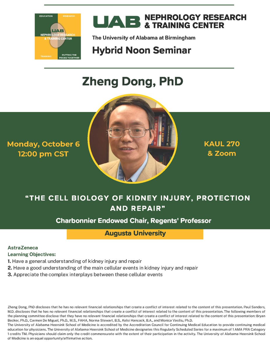 UAB Nephrology (@uab_nrtc) on Twitter photo <a href="/UAB_NRTC/">UAB Nephrology</a> Fall 2025 NRTC Seminars - Monday, 10/06, noon CST - KAUL 270 & ZOOM - Dr. Zheng Dong Charbonnier Endowed Chair and Regents’ Professor at Augusta University will be presenting on "The Cell Biology of Kidney Injury, Protection and Repair"
<a href="/Carmendemigue12/">Carmen De Miguel, PhD, MS, FAHA</a> <a href="/BeckerPhD/">Bryan Becker</a> <a href="/UAB_NRTC/">UAB Nephrology</a> Fall 2025 NRTC Seminars - Monday, 10/06, noon CST - KAUL 270 & ZOOM - Dr. Zheng Dong Charbonnier Endowed Chair and Regents’ Professor at Augusta University will be presenting on "The Cell Biology of Kidney Injury, Protection and Repair"
<a href="/Carmendemigue12/">Carmen De Miguel, PhD, MS, FAHA</a> <a href="/BeckerPhD/">Bryan Becker</a>