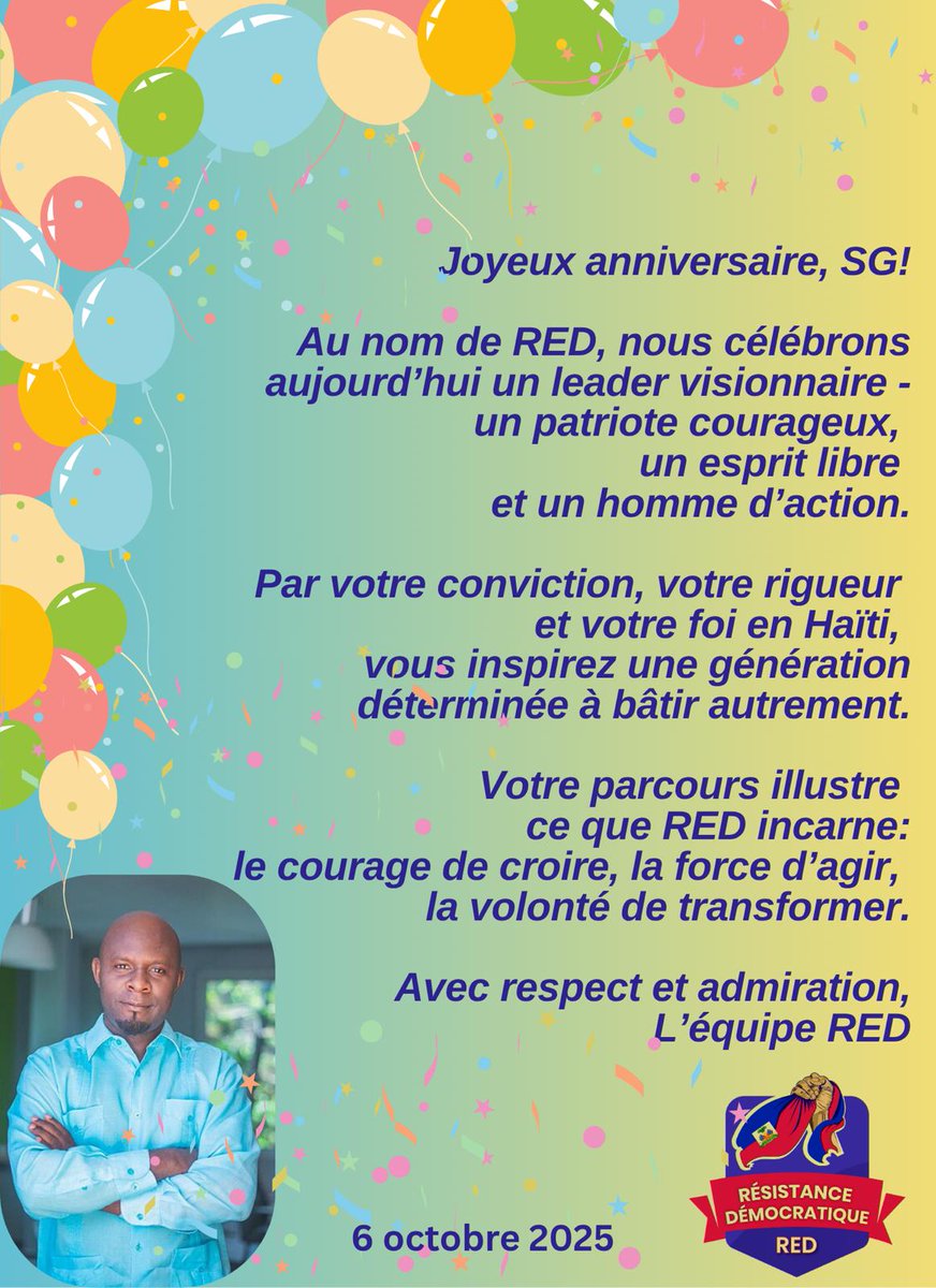 Aujourd'hui, la Résistance Démocratique souhaite un joyeux anniversaire au Secrétaire Général Renald Lubérice.

Un esprit libre, un homme de devoir, un modèle de fidélité à la patrie et à la vérité. Un patriote intègre, constant dans ses convictions, qui incarne la rigueur et le