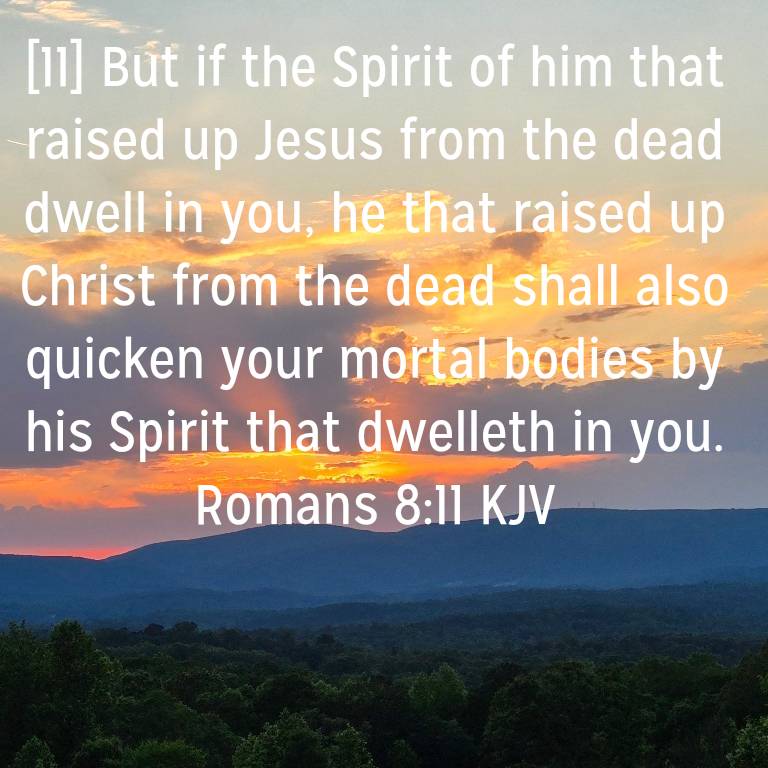 Romans 8:11 KJV
[11] But if the Spirit of him that raised up Jesus from the dead dwell in you, he that raised up Christ from the dead shall also quicken your mortal bodies by his Spirit that dwelleth in you. 

bible.com/bible/1/rom.8.…