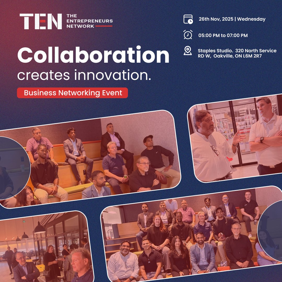 Great #opportunities aren’t found — they’re created in rooms where minds meet and ideas collide. 💡

Join us at The #Entrepreneurs Network (TEN) Business #Networking Event in Oakville!

📅 Nov 26, 2025 | 🕔 5–7 PM
📍 Staples Studio, Oakville
🔗 eventbrite.com/e/business-net…
