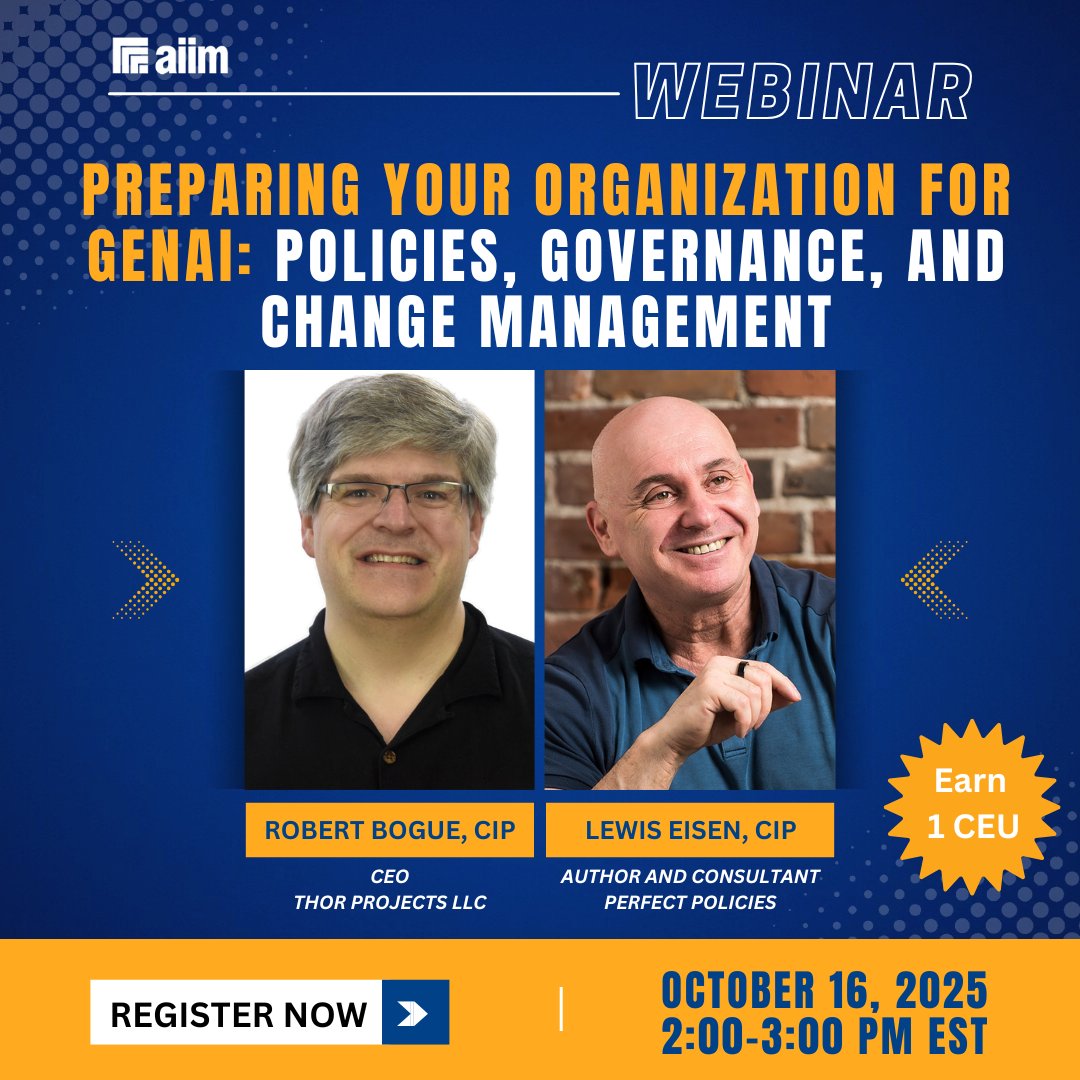 ⏰ Don’t miss it!

Preparing Your Organization for GenAI
📅 Oct 16 | 🕑 2–3 PM ET | 🎓 1 CIP Credit

Learn to:
✅ Prepare teams
✅ Overcome barriers
✅ Build policies &amp; governance for GenAI

👉 Free reg: hubs.la/Q03LnHRy0