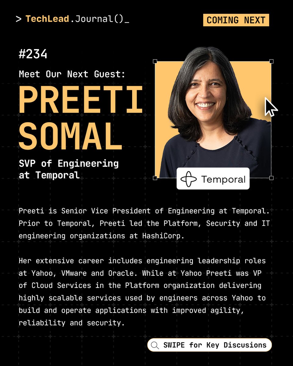 techleadjournal's tweet image. How to build for reliability at scale?

On #TechLeadJournal 234, Preeti Somal (SVP Eng @temporalio, ex-HashiCorp &amp;amp; Yahoo) shares lessons on why reliability &amp;gt; cost &amp;amp; psychological safety.

Premieres TONIGHT, Oct 6 @ 8PM GMT+8.

Watch the full eps: youtube.com/@techleadjourn…