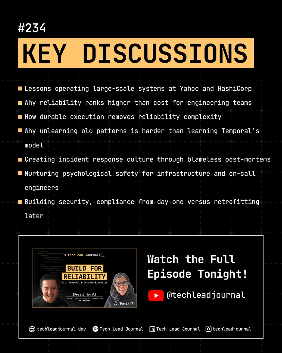 techleadjournal's tweet image. How to build for reliability at scale?

On #TechLeadJournal 234, Preeti Somal (SVP Eng @temporalio, ex-HashiCorp &amp;amp; Yahoo) shares lessons on why reliability &amp;gt; cost &amp;amp; psychological safety.

Premieres TONIGHT, Oct 6 @ 8PM GMT+8.

Watch the full eps: youtube.com/@techleadjourn…