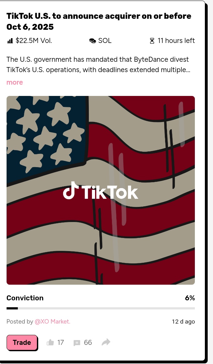 This market’s heating up on <a href="/xodotmarket/">XO Market</a> 

TikTok U.S. to announce acquirer on or before Oct 6, 2025” $22.5M volume and counting.

The U.S. mandate for ByteDance to divest TikTok’s U.S. arm has kept everyone guessing, and with just hours left, conviction is split. Will the deal