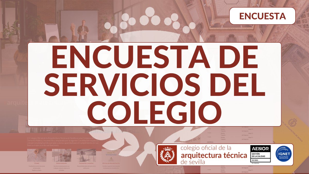 Recordatorio: ¡Tu opinión cuenta y contribuye al futuro del Colegio!

Desde COAT Sevilla queremos seguir mejorando nuestros servicios, y para eso necesitamos escucharte.

Participa en la Encuesta de Servicios y ayúdanos a ofrecerte una atención más cercana, útil y adaptada a tus