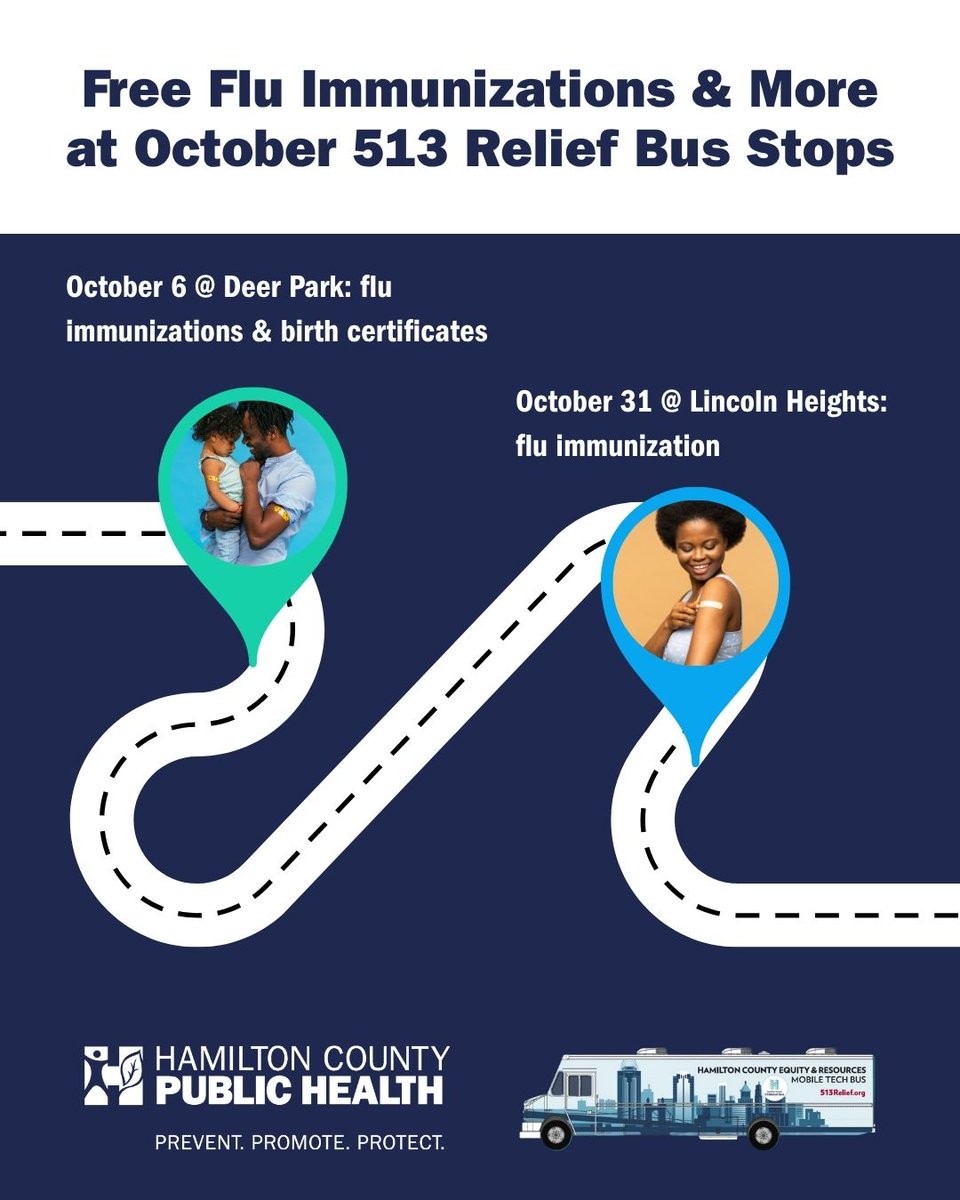 We’re offering FREE flu immunizations and birth certificates today from 10 AM – 2 PM in Deer Park (1235 Chesterdale Road) on the <a href="/513Relief/">513Relief</a> bus! 🚌💉📄

Can’t make it today? We'll be back with free flu immunizations on October 31st in Lincoln Heights.