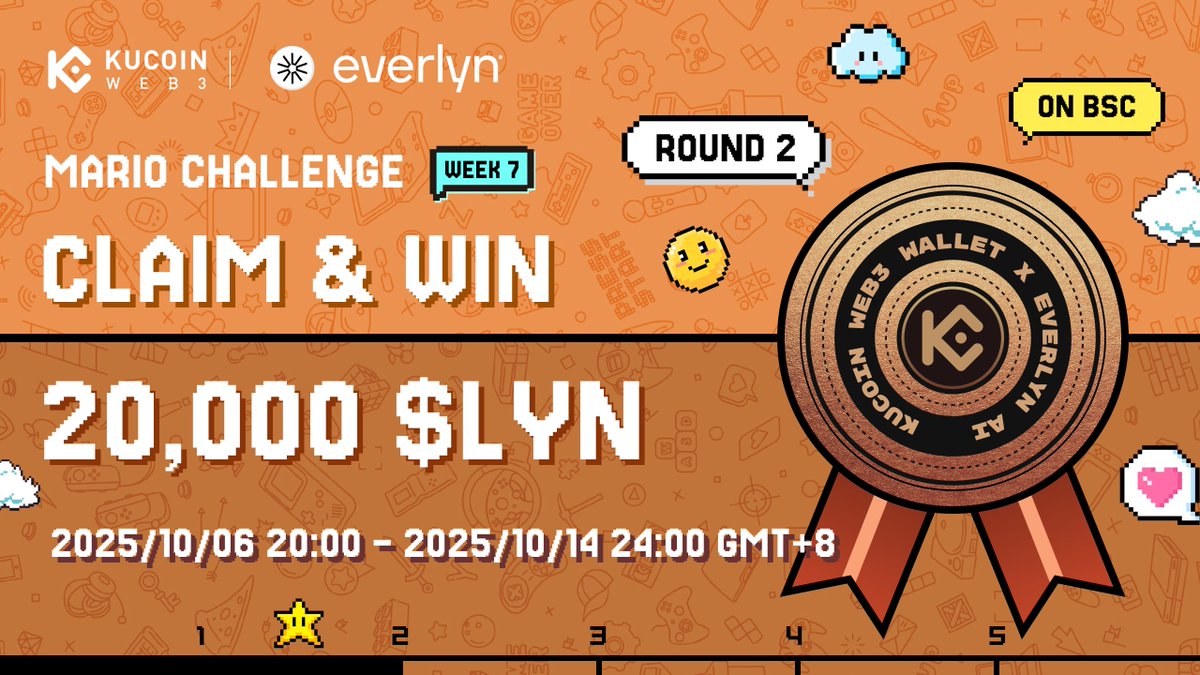 KuCoin_Web3's tweet image. 🎉 #MarioChallenge week 7 round 2 is LIVE!

💰 Total Prize: 20,000 $LYN
1,200 $LYN for socials #giveaway

How to join
1️⃣ Follow @KuCoin_Web3 × @Everlyn_ai
2️⃣ Like + RT + Tag 3 frens

Join Bronze challenge to win 1,200 $LYN ⬇️ (BRONZE OAT is LIMITED, 2,000 only, FCFS)…
