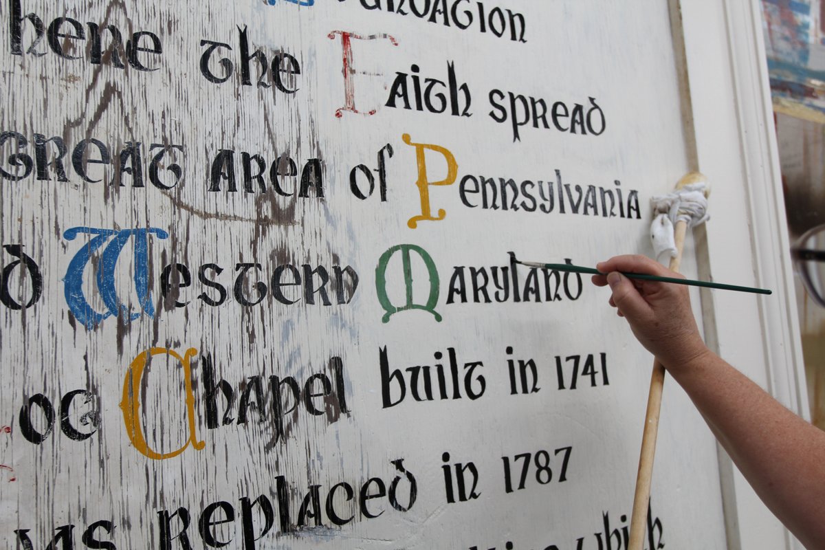 At the Basilica of the Sacred Heart of Jesus we #restored a sign board explaining the history of the building. #Conservation treatment included frame repair, cleaning, repainting the background, in-painting, &amp; reconstructing the lettering.
#DecorativePainting #ChurchRestoration