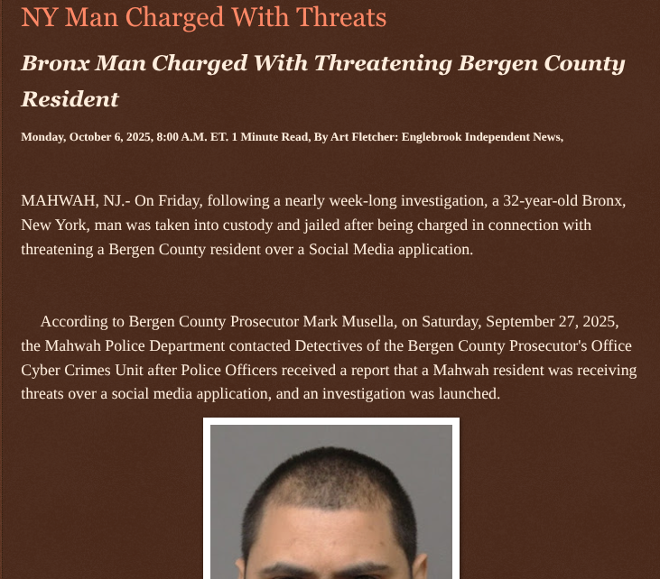 ArtFletcher9's tweet photo. NY Man Charged With Threats https://t.co/AVQyoOuAzK via @Englebrooknews #NewJersey #CrimeNews #bergencountynj #mahwahnj #terroristic #threats #socialmedia #bronxny #NYC #arrested #charged @wireless_step @HRG_Media @LodiNJNews @SugarMAGA @fordmb1 @SarahGeving1 @Shannon96574094 @Daytobehappy @janninereid1 @gator4kb18 @MichelleF_35 @TrumpWasRite @KathyKbrose @RobGerundo @JimBobW49
