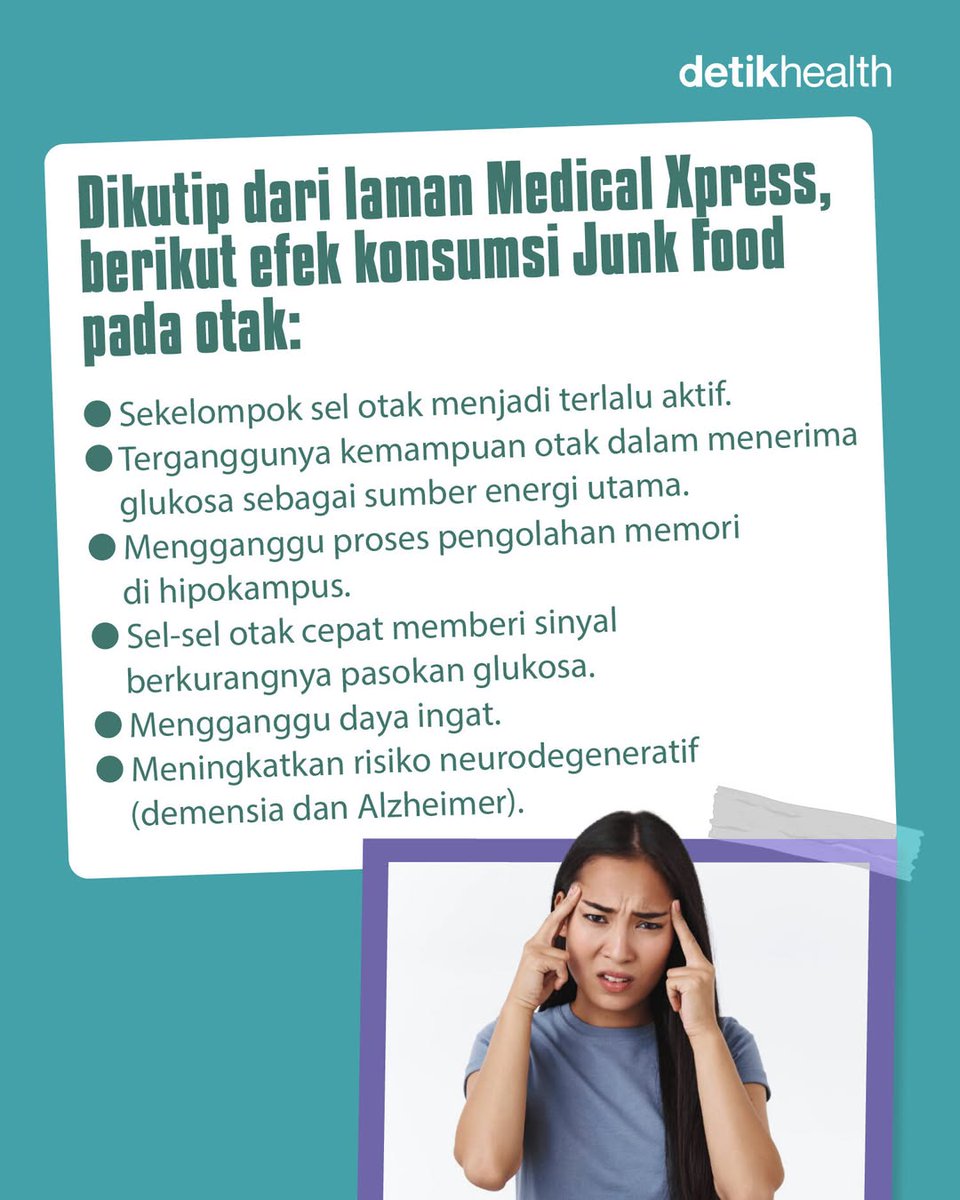 detikHealth's tweet image. Hayo siapa yang kerjaannya makan junk food terus?! 👀⁣
⁣
Kebiasaan kamu bisa bawa bahaya buat otak lho.⁣

&amp;gt;&amp;gt; health.detik.com/berita-detikhe…
⁣
#otak #kesehatanotak #bahayajunkfood #junkfood