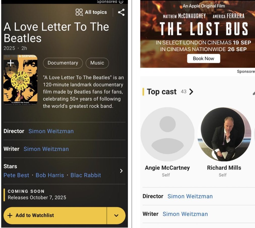 I’m very honoured to be in the brilliant Simon Weitzman’s very FAB movie A Love Letter To The Beatles. Out tomorrow! I’m ready for my close up Mr DeMille!