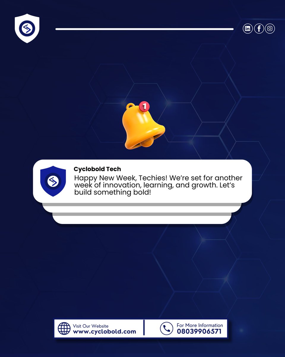 cyclobold's tweet image. 🔔 Happy New Week, Techies!

Time to innovate, learn, and grow. Let’s build something bold together! 🚀💻

🌐 cyclobold.com | 📞 08039906571| 08108227646

#CycloboldTech #NewWeek #TechInnovation #BoldBuilders