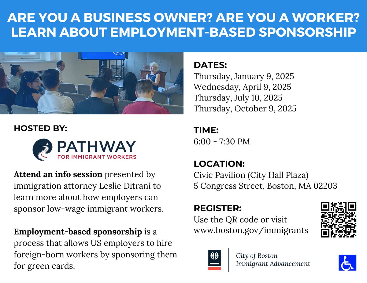 This is an information session about Pathway for Immigrant Workers (PIW) about how PIW can help employers sponsor low wage immigrant employees for green cards. 

Register ⤵️ boston.gov/departments/im…