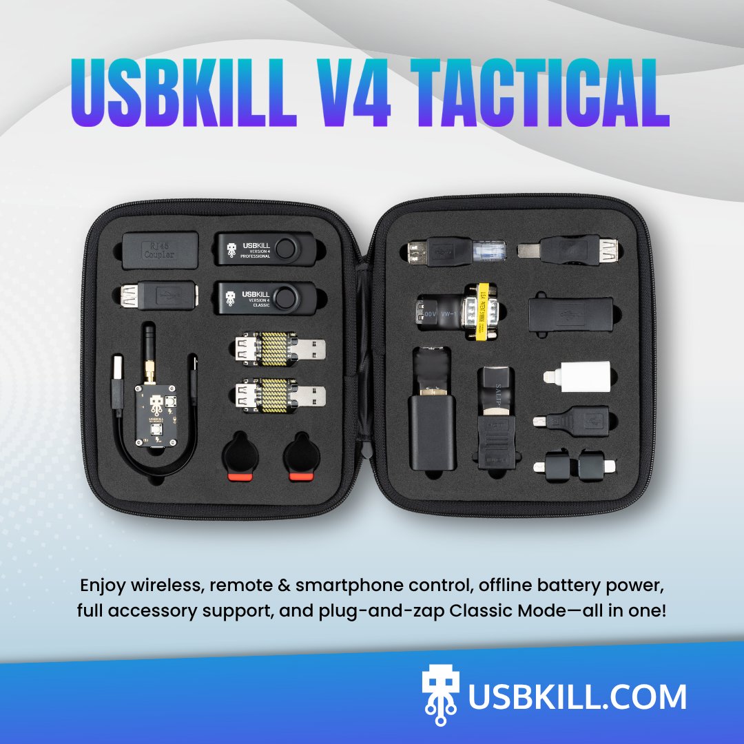 USBKill's tweet image. More than just testing. USBKill V4 Tactical Kit is your shield against USB threats in critical environments. 🚧⚡ l.usbkill.com/kKkyq  
#StressTest #HardwareTesting #USBKillV4 #USBKill #Pentesting #infosec #security #RedTeam