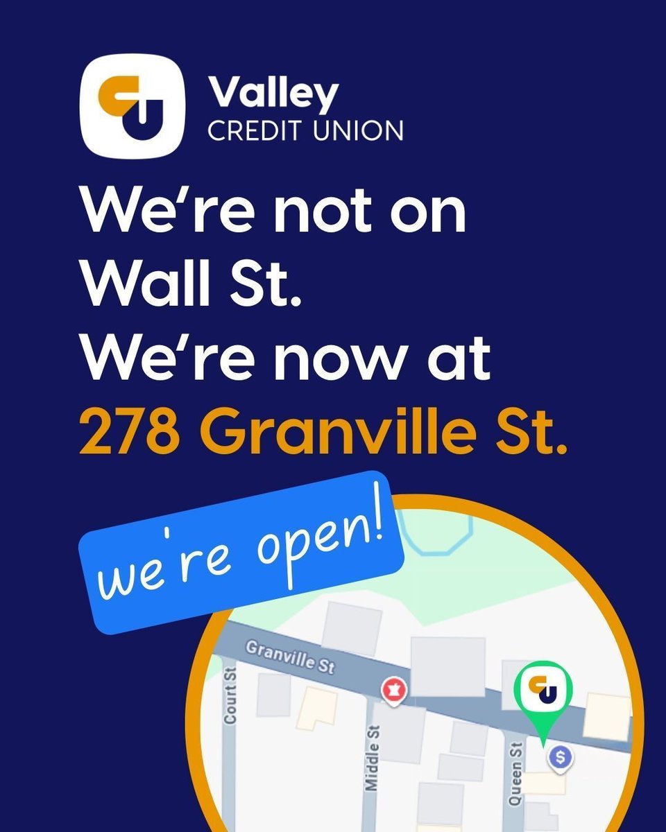 We’re Open! 🎉

The Bridgetown Community Branch has reopened in our new home at 278 Granville St.
Doors open today at 10:00 AM.

Learn more: valleycreditunion.com