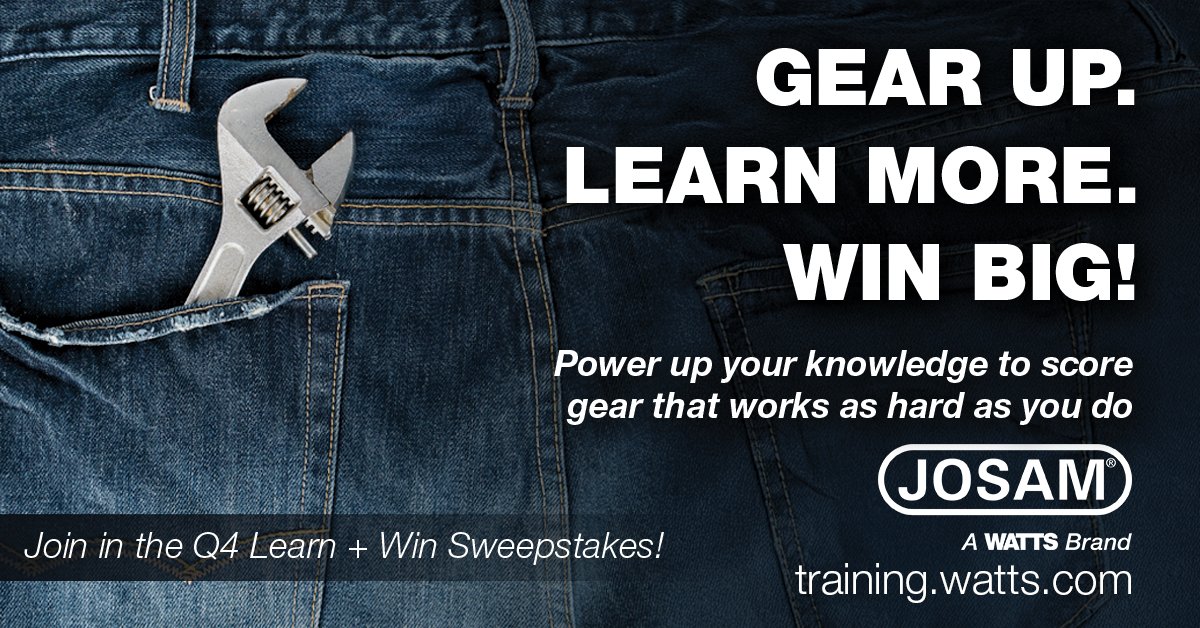 The Q4 Learn &amp; Win Sweepstakes is now live and bigger than ever - October 1 to December 31!

Complete eLearning on Watts Works Online, earn tickets, &amp; enter to win big! 

See watts.com/learnandwin for information.

#Josam #Contractors #Engineers #WattsWorksTraining #LearnandWin