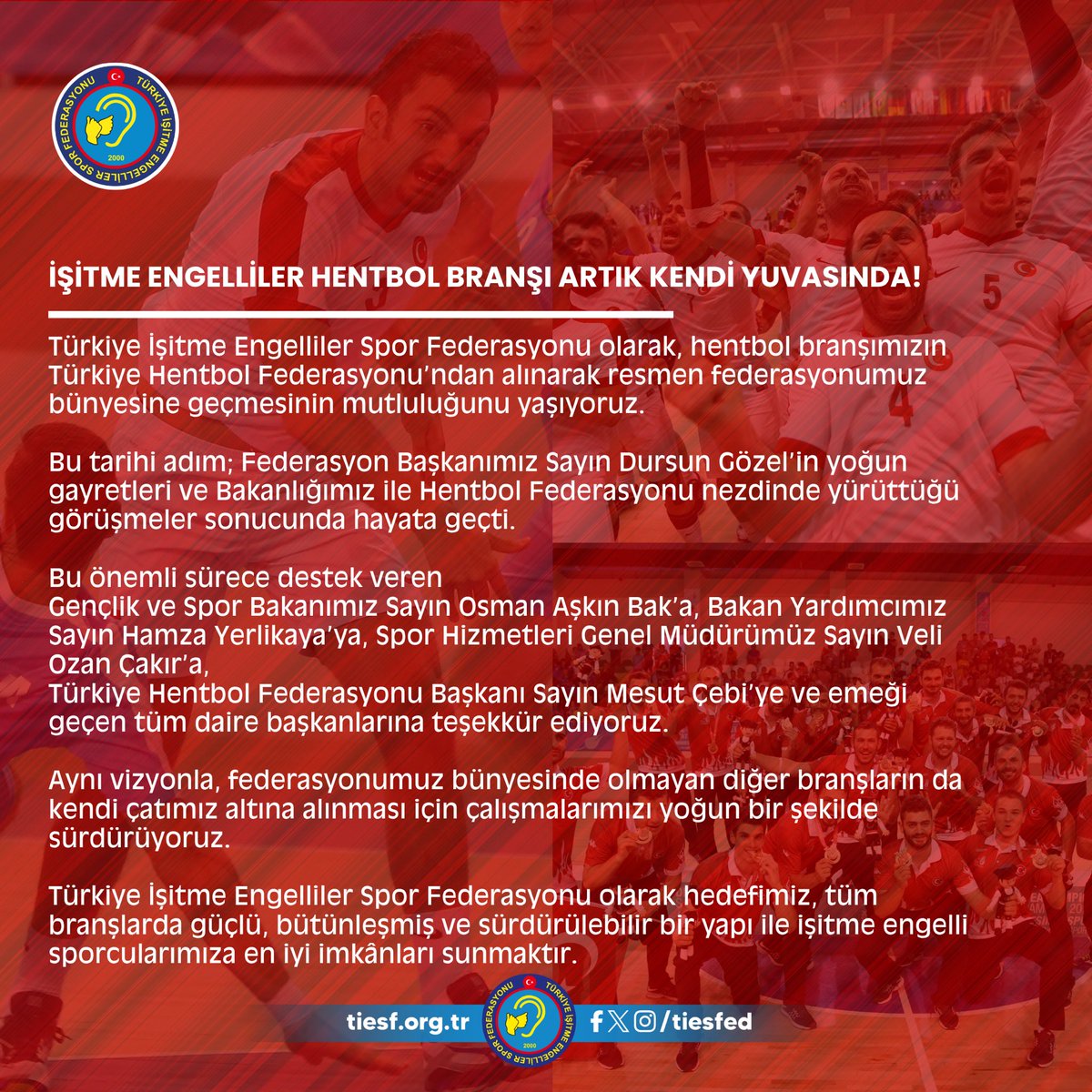 Bir müjdeyi daha camiamızla paylaşmak istiyoruz. 

İşitme Engelliler Hentbol Branşı artık kendi yuvasında! 🤾‍♂️