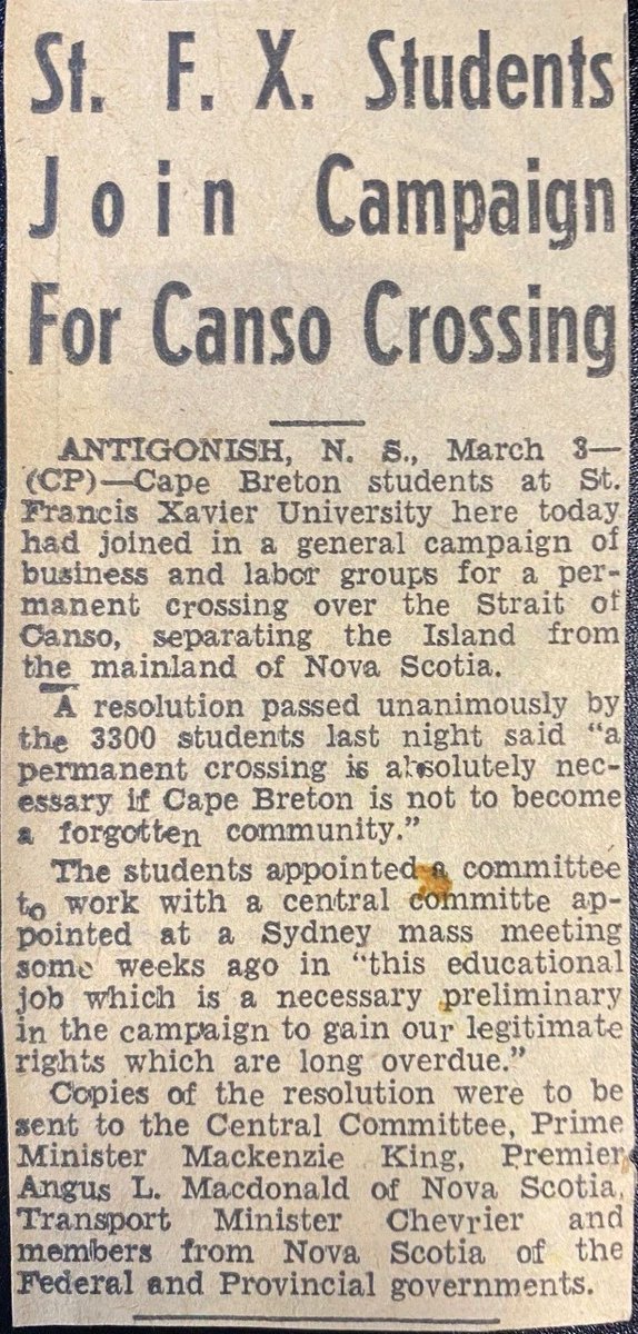 To mark the 70th anniversary of the Canso Causeway, the Celtic Collection has curated a display in the Welch Reading Room on the 3rd floor of the library. 

Below is a newspaper clipping from March 4, 1948  in the Post-Record  outlining St.F.X students support.