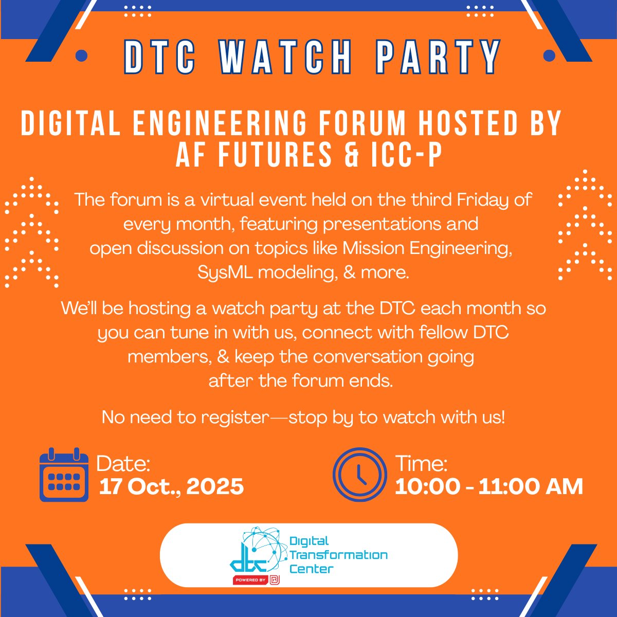 DTCofDayton's tweet image. Join us on Friday, Oct 17th, at 10 AM for a Digital Engineering Forum watch party at the DTC!📺🚀

#DigitalEngineering  #MissionEngineering #SysML #EngineeringInnovation #ModelBasedSystemsEngineering 
#MBSE #TechEvents #DTCEvents #WatchParty #TechTalks  #DigitalTransformation