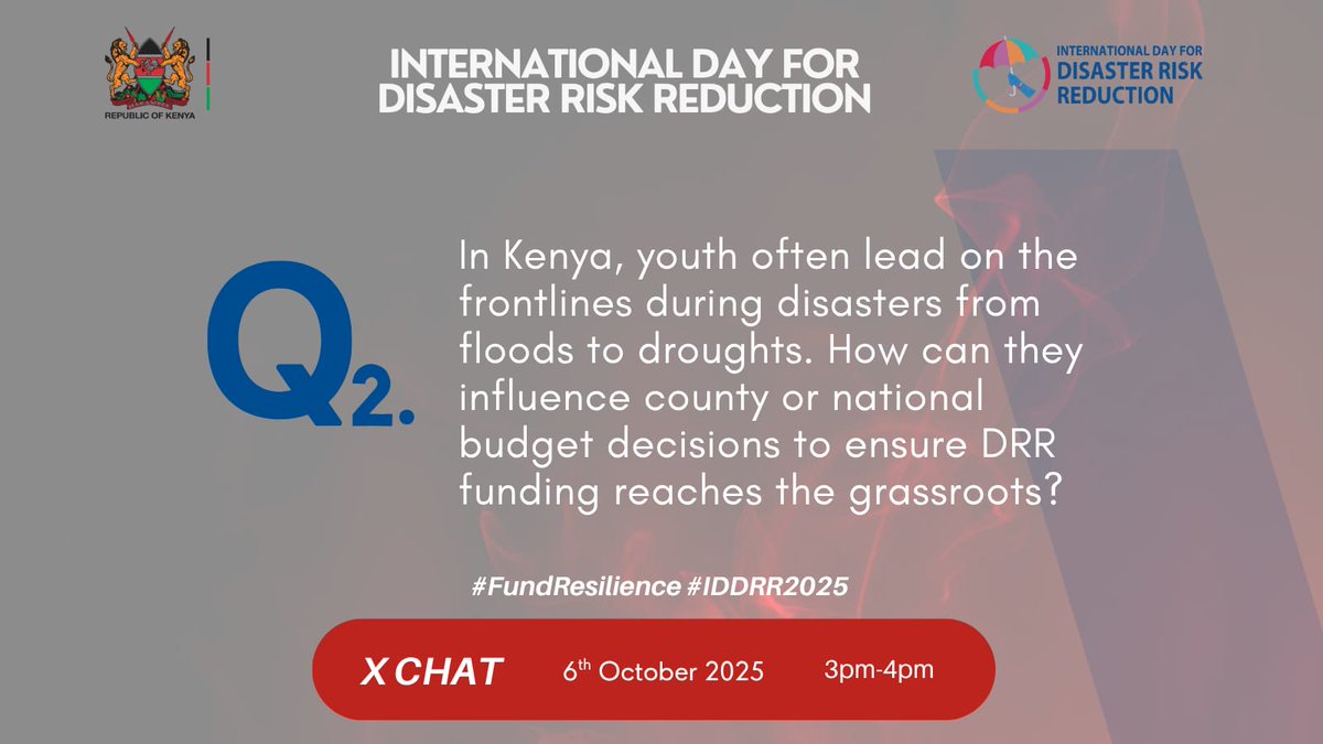Q2.  
#FundResilience #IDDRR2025
@centralRiftOrg <a href="/KenyaRedCross/">Kenya Red Cross</a>
<a href="/MeteoKenya/">Kenya Met Department 🇰🇪</a>  <a href="/NDOCKenya/">Disaster Operations</a> <a href="/TinadaOrg/">TINADA Youth Action Africa (TYAAfriq)</a>
@UNFPAken  @UNICEFkenya  <a href="/UNDP/">UN Development</a>
<a href="/UNDPKenya/">UNDP Kenya</a> @040busiacounty @testimonycbo 
<a href="/RCMRD_/">RCMRD 🇰🇪 🇺🇬 🇸🇴 🇹🇿 🇲🇼 🇰🇲 🇿🇲 🇱🇸 🇸🇿</a> <a href="/siamantasharon/">Siamanta</a> @muriukiJ60
<a href="/m_m_almas/">Mohamed Almas</a> @samuelnyansiri <a href="/rogers_ngoo/">Rogers Ngoo </a>
@AcheingBright <a href="/hinduhussein007/">Hindu Hussein</a>