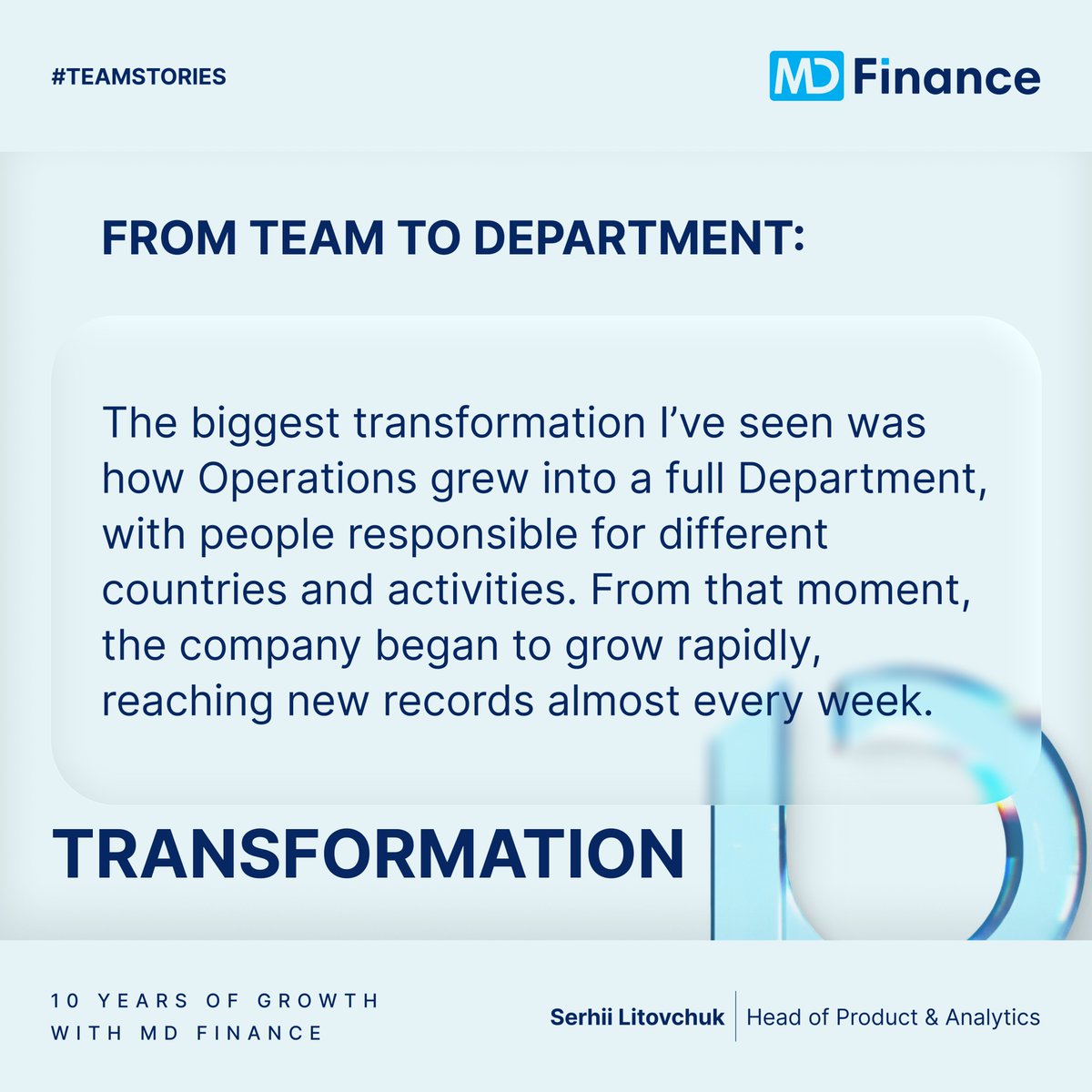 mdfin_page's tweet photo. We’re proud to celebrate Serhii Litovchuk, who has been growing together with MD Finance for 10 years since October 2015.

💬 “The biggest transformation I’ve seen was how the Operations Team gradually evolved into a full Operations Department, with dedicated people responsible for different countries and activities. From that moment, the company began to grow rapidly, reaching new records almost every week. That’s truly inspiring!” Serhii shares.

These changes at MD Finance have created new opportunities and achievements. We continue to move forward and develop every day.

Stay tuned for more stories from those who have shaped MD Finance since its inception.

#teamstories