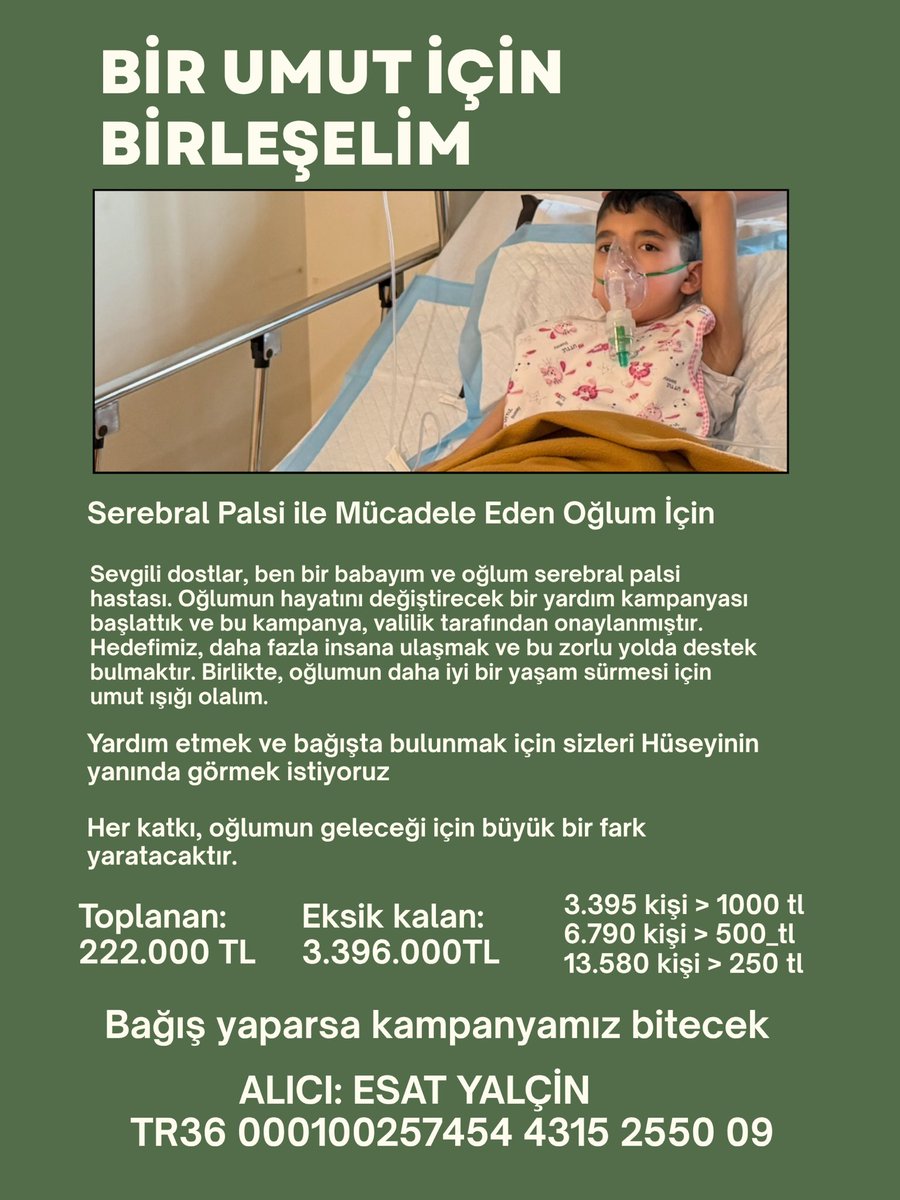 HÜSEYİN İÇİN ZAMAN AZALIYOR‼️

Toplanan: 222.000 TL
Eksik kalan: 3.396.000 TL

3.395 kişi > 1000 tl
6.790 kişi > 500_tl
13.580 kişi > 250 tl
Bağış yaparsa
kampanyamız bitecek

Kampanyamız valilik onaylıdır
Valilik İzin Faaliyet Kodu; 34.2024.1197

Benim evladım serebral palsi