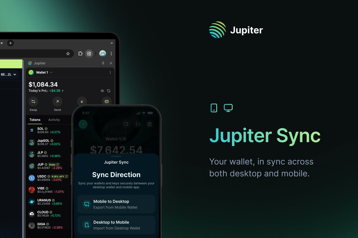 Jupiter Sync feature demonstrating QR code wallet transfer between mobile and desktop